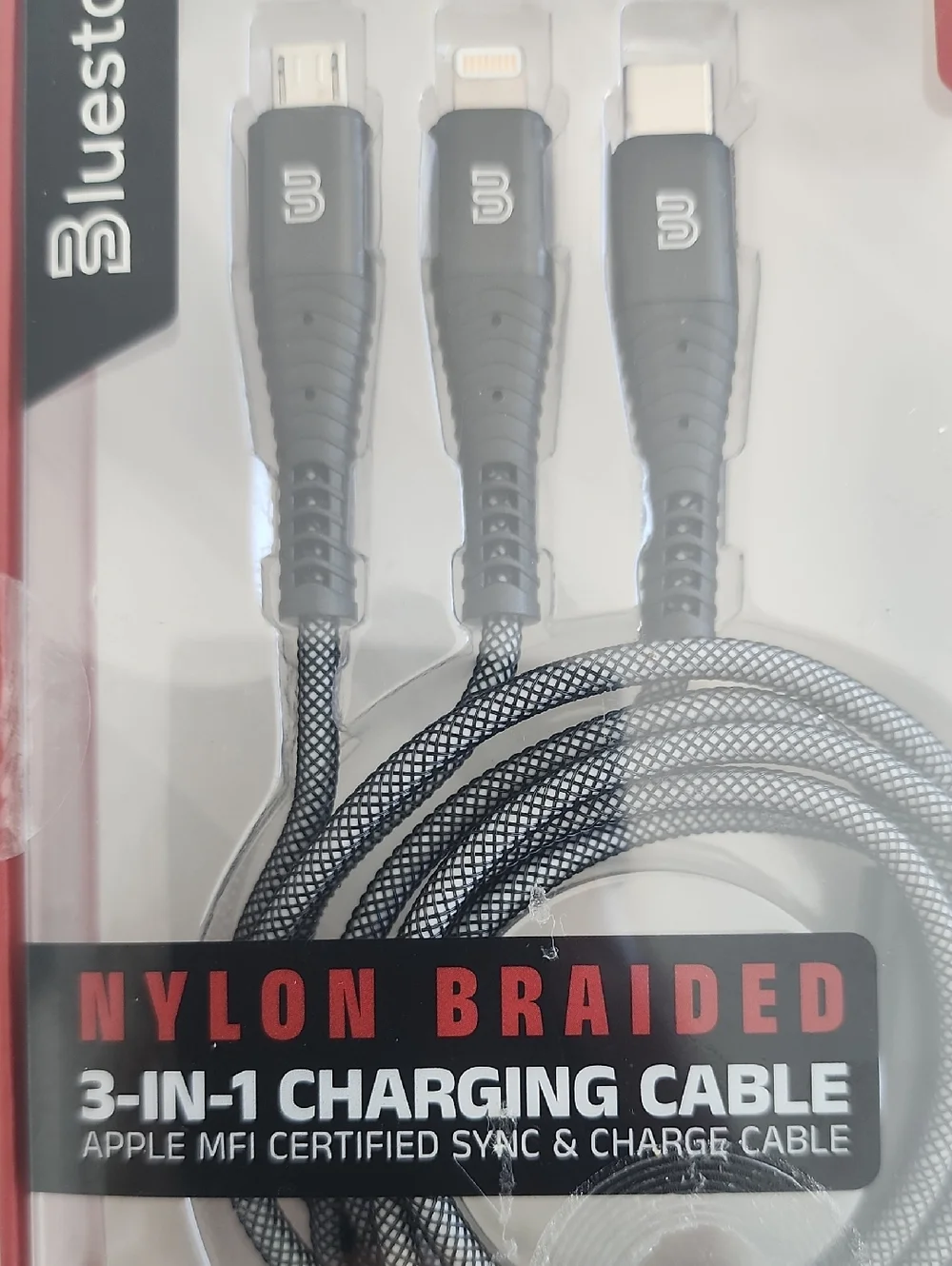 Black Nylon Braided 3-in-1 Charging Cable - 4ft